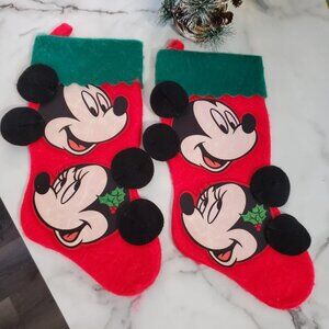 2 Vintage Disney Christmas Stocking Mickey & Minnie Mouse Felt Red & Green